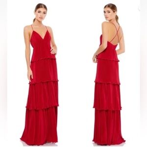 MAC DUGGAL 49083 SPAGHETTI STRAP RUFFLE LAYERED MAXI RED GOWN  sz 10